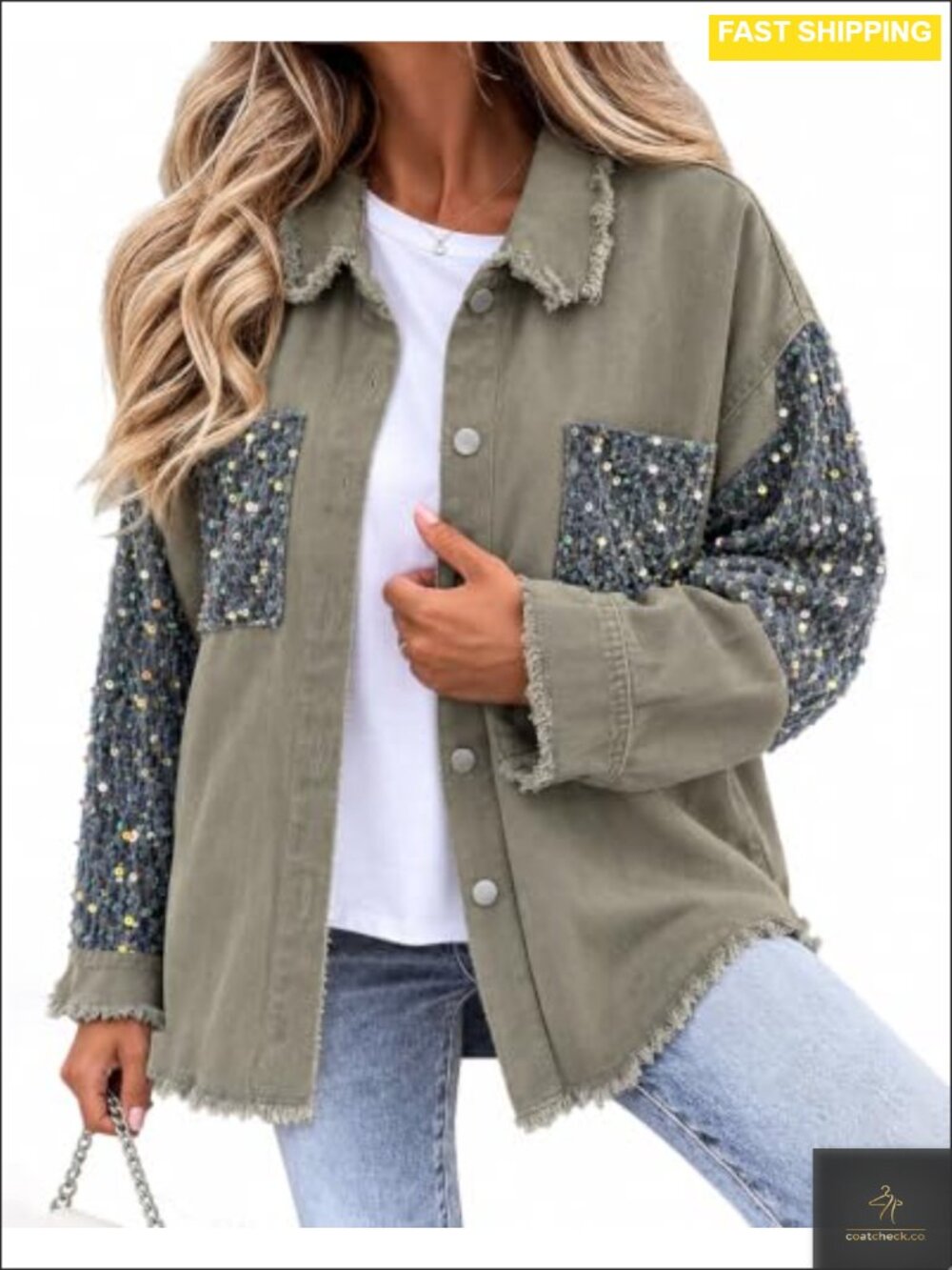 Oversized Denim Shacket Sequin Patchwork Frayed Hem Button Down